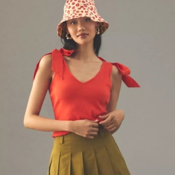 Anthropologie Maeve The Rafaela Ribbed Bow Tie Shoulder Tank Top Orange XS Small - Picture 2 of 11